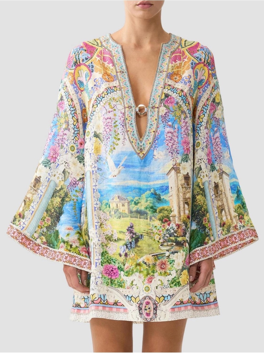 Camilla Navas Nouveau Deep V-Neck Hardware Short Linen Caftan NWT